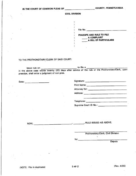 Praecipe And Rule To File Complaint {E-4F-2} - Forms Workflow