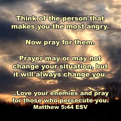 Pray for those who persecute you. Later in the chapter, we are told to love our enemies (Matthew 5:44). And loving our enemies is defined in part as “pray for those who persecute you.” And in Luke, love for our enemies is defined as this: “Do good to those who hate you, bless those who curse you, pray for those who abuse you” (Luke 6:27–28). 