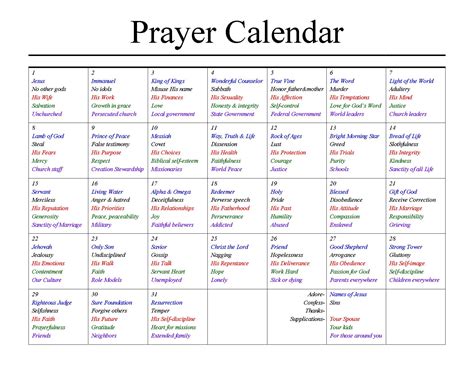 Prayer Calendar Template