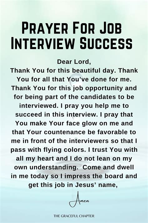 Prayer for job interview. Prayer after job interview. (a prayer for peace of mind and success) Dear Lord, Thank you for helping me in the interview. I choose to give you any worries or mistakes that I may have made, and to rest in your love. Lord, if this is your will, please secure this job for me. Come fill any areas of uncertainty with your spirit of gentleness and hope. 