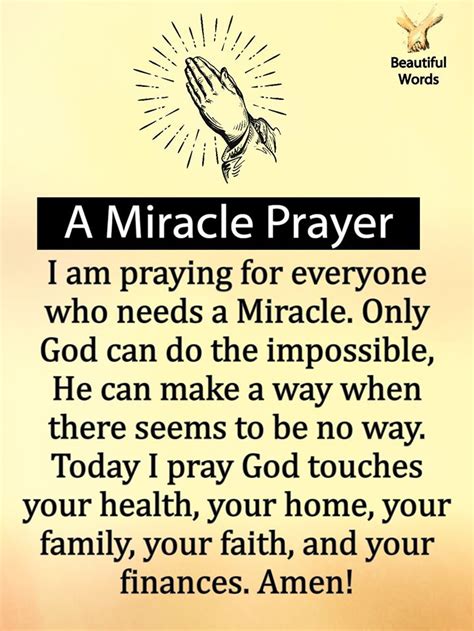 Praying for a miracle. In this perspective, "pray for a miracle", as experienced by patients and caregivers, can be recognized as an act of openness to life (instead of isolation in a bleak perspective), bolstering hope, and the resignification of reality in the psyche. Keywords: coping; miracle; phenomenological approach; prayer; qualitative research; quantitative ... 