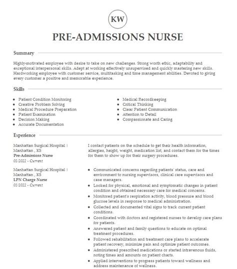 Pre Admission Testing Rn Resume Example