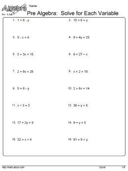 Pre Algebra Worksheets On Isolating Variable