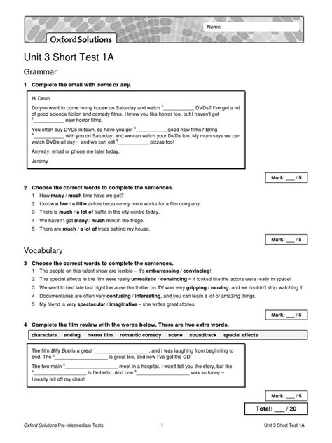 Pre Intermediate Short Test 1a