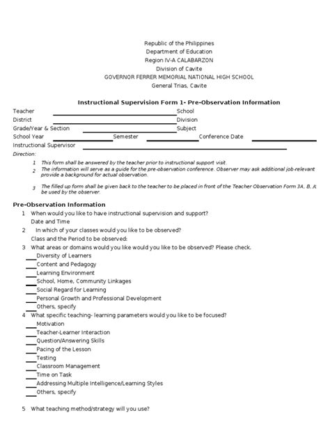 Pre Observation Info Form Teaching Method Teachers