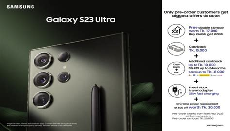 Pre order samsung s23 ultra. Samsung Galaxy S23 Ultra starts at $199.99. Going for AT&T or T-Mobile gets you the S23 Ultra starting at $199.99 (with trade-in). The unlocked model starts at … 
