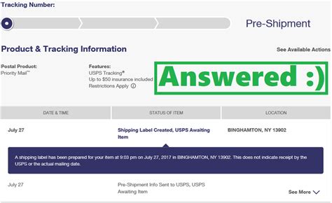 Pre-Shipment Info Sent to USPS, USPS Awaiting Item. This means that your package is at the beginning of its journey. The shipper (the person who sent the item to you) has printed out a shipping label on the USPS website. But the USPS has not yet received the item from the shipper.. 