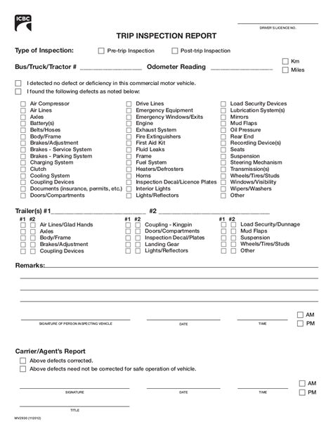 Pre-trip Inspection form