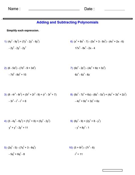 PreAlgebra Monomials and Polynomials Worksheets Adding and