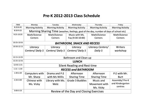 PreK HIS PreK Class Schedule
