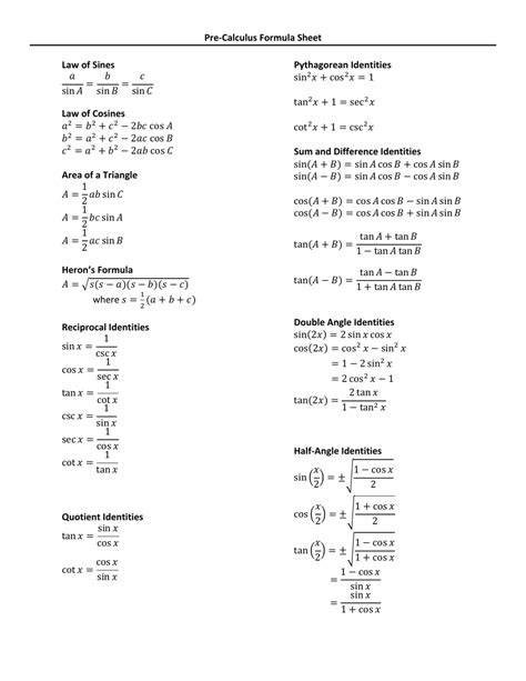 Precalculus Formula Sheet