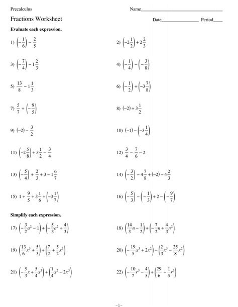 Precalculus Worksheets And Answers