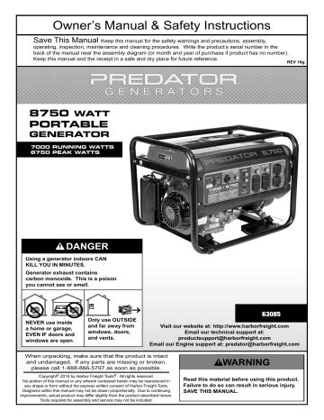 Predator generator 8750 owners manual. 15. Do not touch electrically energized parts of the Generator and interconnecting cables or conductors with any part of the body, or with any non-insulated conductive object. Item 69728 / 69729. For Generator technical questions, please call 1-800-444-3353. 