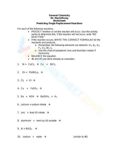 Predicting Single Replacement Reactions Worksheet