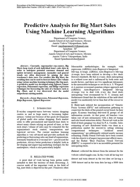 Predictive analysis for big mart sales using machine learning algorithms proje...