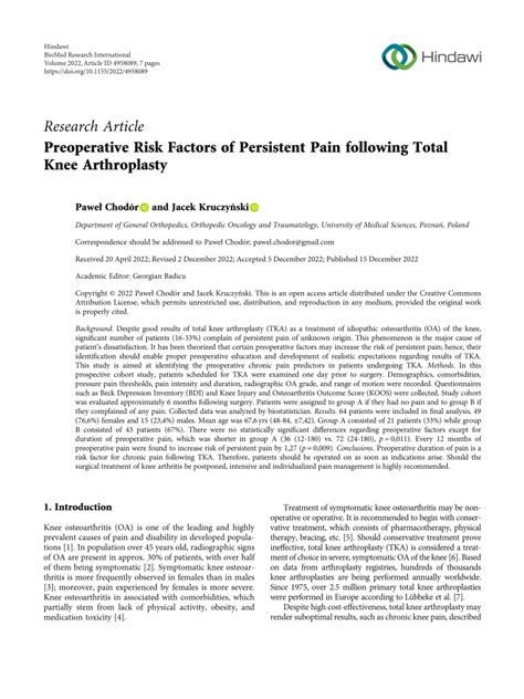 Predictive risk factors for persistent pain following total …