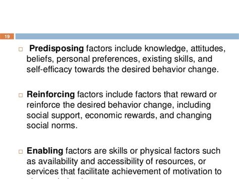 Sep 1, 2018 · All themes in the codebook were categorized into the three factors of the PRECEDE Model: predisposing, reinforcing, and enabling [29]. Predisposing factors, which include knowledge, beliefs, values, attitudes, and self-efficacy, appeal to people’s motives for behavior change. . 
