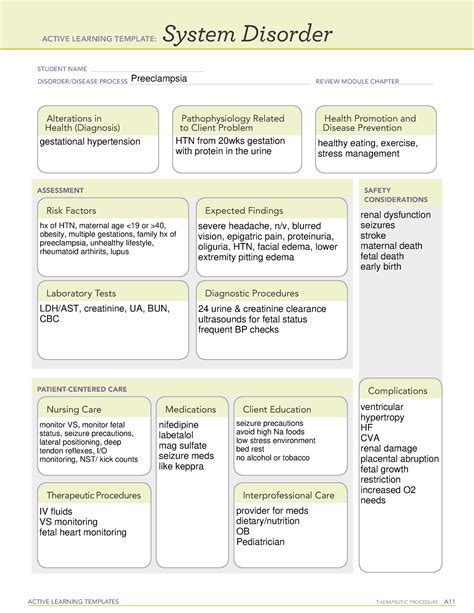 active learning templates therapeutic procedure a. system disorder. student name _____ disorder/disease process _____ review module chapter _____ active learning template: assessment safety considerations. patient-centered care. alterations in health (diagnosis). 