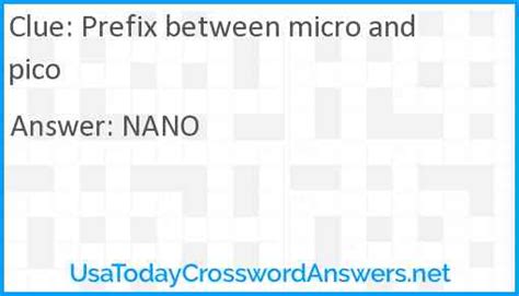 We have found 20 answers for the Prefix between micro and pico clue in our database. The best answer we found was NANO , which has a length of 4 letters. We frequently update this page to help you solve all your favorite puzzles, like NYT , LA Times , Universal , Sun Two Speed , and more.. 