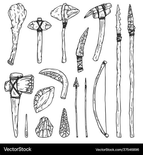 Prehistoric stone age tools and weapon set sketch Vector Image