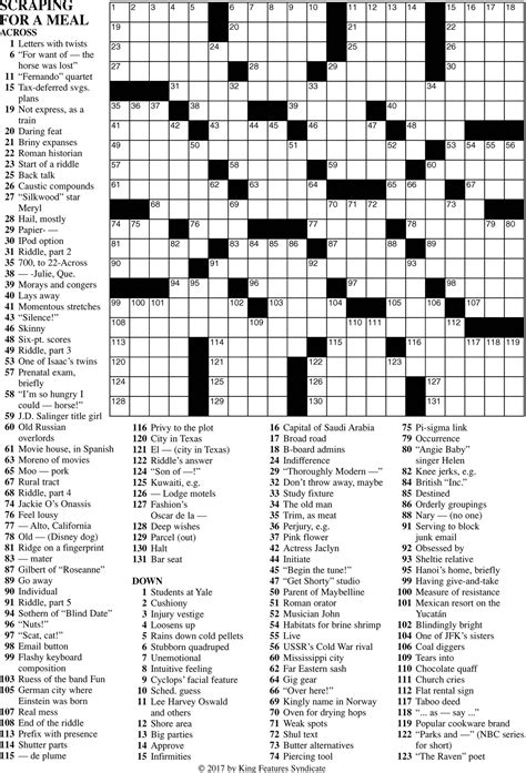 Oct 10, 2023 · Premier Sunday Crossword. One of the largest and most challenging crosswords which commonly takes about an hour to finish. This puzzle is for those who are ready to tackle anything in front of them. Giant-size grids, tough questions and the Sunday Cryptoquip, which challenges readers to follow the clue and decipher the pun. . 