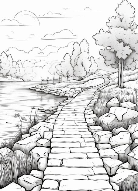 Premium AI Image a drawing of a stone path leading to a lake