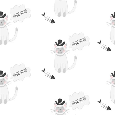 Premium Vector Seamless pattern cat in a pirate hat next to a fish