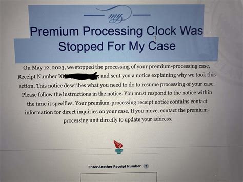 15-Day Premium Processing Clock Was Stopped For My Case. Like this thread 1 0. Watch this thread Start a new thread Add a post. No matching records found. Source: CompareRemit. Today my H1B Extension case status update to 15-Day Premium Processing Clock Was Stopped For My Case, what its mean? Receipt Number IOE*************.