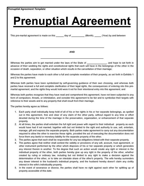 Prenuptial Agreement Sample. A prenuptial agreement is a legal contract made between two people before they become married. The contract details the property rights of each party, as well as the financial remedies in the event that the couple divorces.. 
