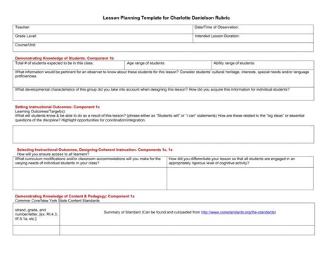 Preobservation Lesson Planning Template Aligned with FFT Rubric
