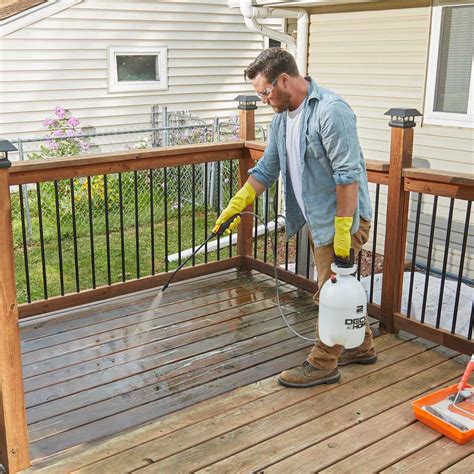Prep deck. Nov 9, 2022 · Let the cleaner sit for 10 to 15 minutes, or as directed. Scrub the railing and balusters with a stiff, synthetic-bristle scrub brush to remove dirt and discoloration. Immediately spray the area with clean water, using a garden hose and sprayer. Repeat to clean the rest the of the railing. 