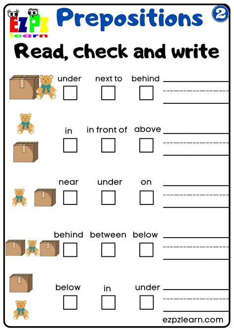 Prepositions of Place Read Check and Write Worksheet for Kindergarten