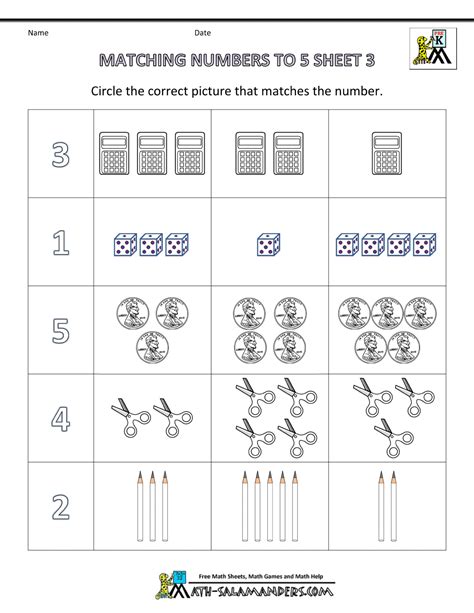 Preschool Math Worksheets Matching to 5