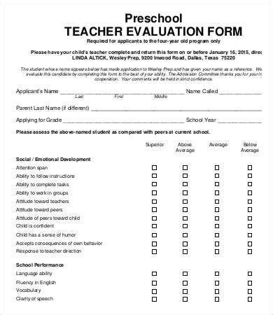 Preschool Teacher Evaluation Form Printable