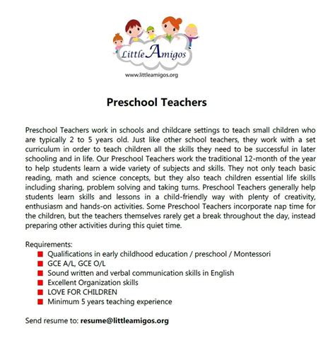 Preschool teacher requirements. Jan 14, 2022 · Here are some of the basic requirements to become a preschool teacher in the U.S.: Must be at least 18 years old. Have a Bachelor’s Degree in Early Childhood Education. Be state-certified (in all states) and/or nationally-certified (in some states) Have a clean background check with no felony convictions. Genuine love of nurturing and working ... 