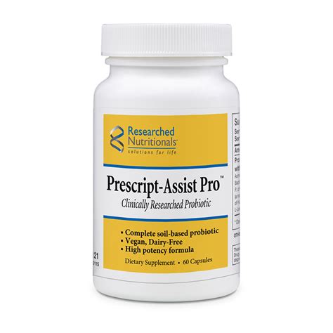 Prescript. Prescript-Assist is a powerful blend of probiotics and prebiotics with 28 multiple strains of soil-based microorganisms in each 620 mg capsule. This broad spectrum probiotic is recommended for a variety of digestive concerns and other gastrointestinal diseases. Prescript-Assist is gluten free, soy free, dairy free and yeast free. 
