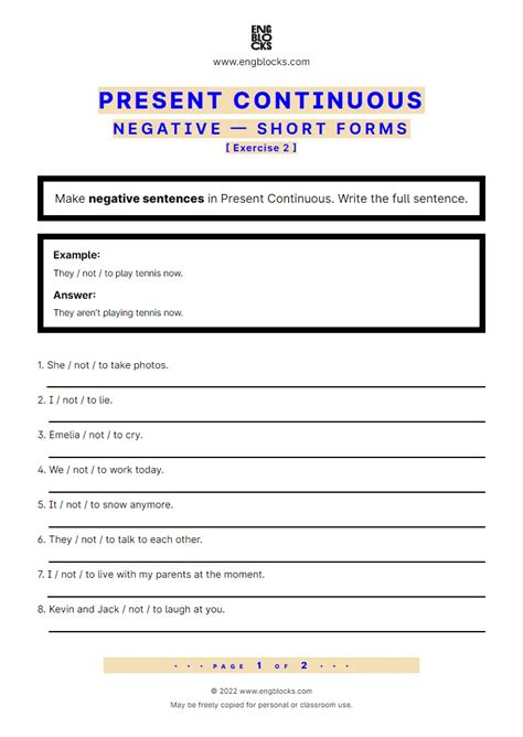 Present Continuous Negative Short forms Exercise 2 Worksheet