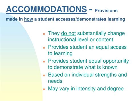 Presentation accommodations. Accommodations Presentation can be offered in the fall and the Accommodations vs. Modifications Workshop can be offered in the spring. The Accommodations Presentation can be delivered in a 1.5 hour session or a 45 minute time allotment. The same content is addressed however the 45 minute presentation omits slides in the interest of time. 