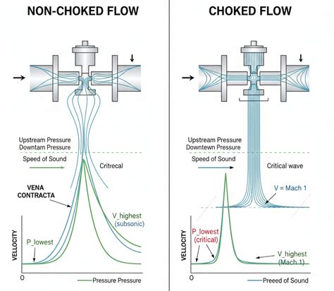 Pressure regulator choked flow.  When a flowing fluid at a given press...