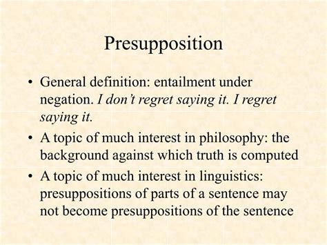 Browse. Presupposition definition, something that is assumed in advance or taken for granted:The conflict could have been avoided if the speakers had openly …. 