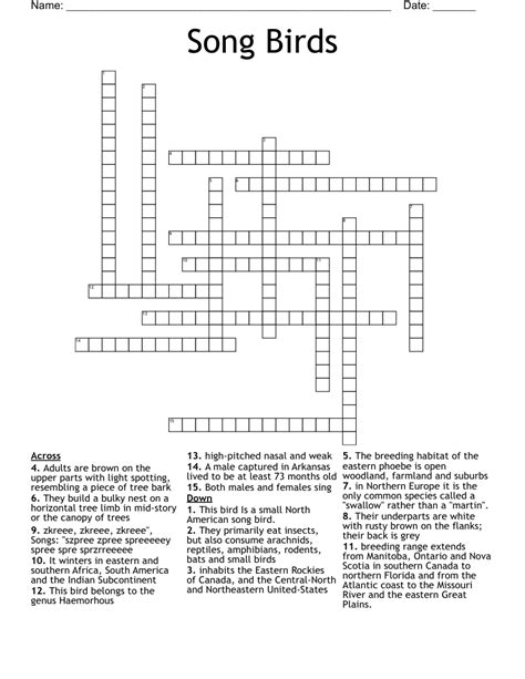 Pretty songbird crossword. Colourful Songbird. Crossword Clue. The crossword clue Colourful corvid with 3 letters was last seen on the August 10, 2023. We found 20 possible solutions for this clue. We think the likely answer to this clue is JAY. You can easily improve your search by specifying the number of letters in the answer. See more answers to this puzzle’s clues ... 