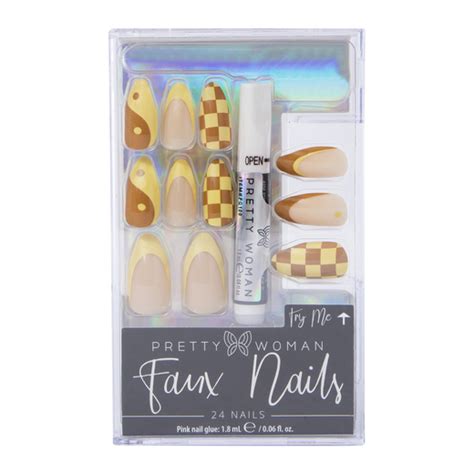 Pretty woman faux nails. Limit 5 per order. Product description. give yourself a fabulous, no-fuss manicure in moments! these pretty woman faux nails are perfect. what's included: 24 faux nails, pink nail glue (1.8 ml/0.06 fl.oz) style: pink & white art, accent nails with gems. item # 4770145. 