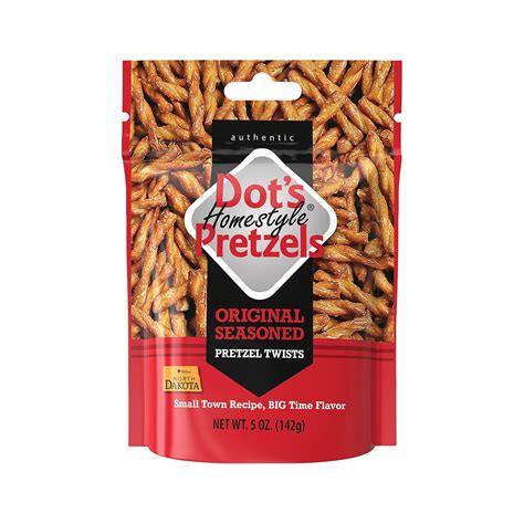 Pretzel dots. Product Details. DOT'S HOMESTYLE PRETZELS Cinnamon Sugar Pretzel Twists are baked to perfection and specially seasoned with a blend of sweet and toasty spices. DOT'S Pretzels have a satisfying crunch with tempting buttery flavor in every delicious twist. 