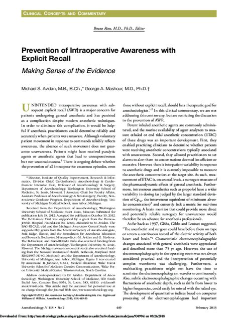 Prevention of Intraoperative Awareness with Explicit Recall ...