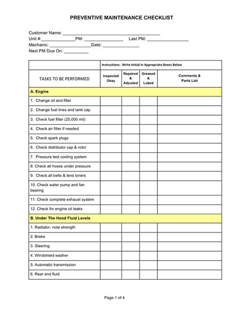 Preventive maintenance check sheet in Word and Pdf formats