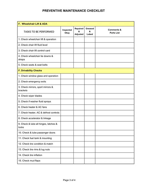 Preventive maintenance check sheet in Word and Pdf formats page 3 of 4