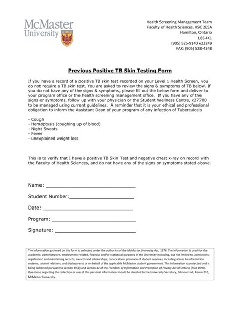 Previous Positive TB Skin Testing Form Name Student Number