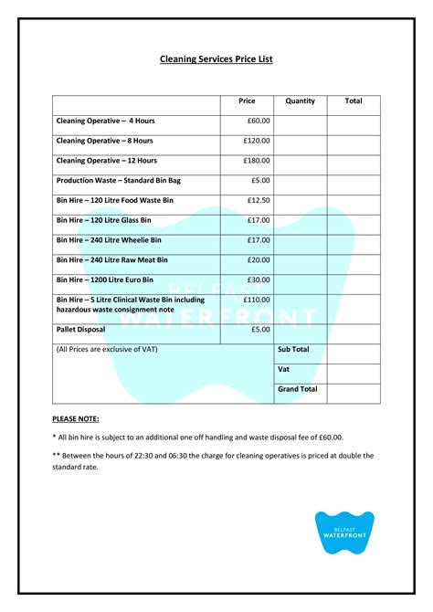 Price List For Cleaning Services Business Excel Templates