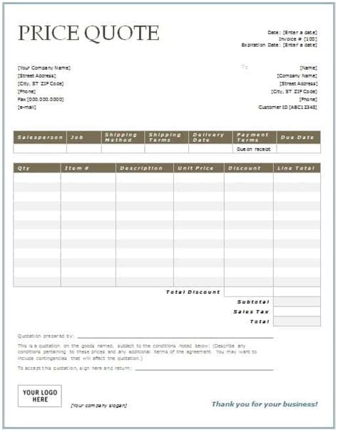 Price Quote Example Free Word Templates