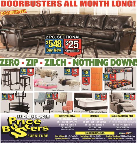 Price busters discount furniture. 8643 Pulaski Hwy Rosedale, MD 21237 P. 443-772-0352 E. [email protected] Store Hours Mon-Sat: 10-8 Sun: 10-6 an independently owned store Price Busters Discount Furniture store in Rosedale, MD is conveniently located close to Golden Ring, MD across from the Golden Ring Mall. With over 24,000 square feet of furniture di 
